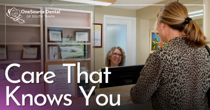 Care That Knows You woman smiling checking patient out of dental office